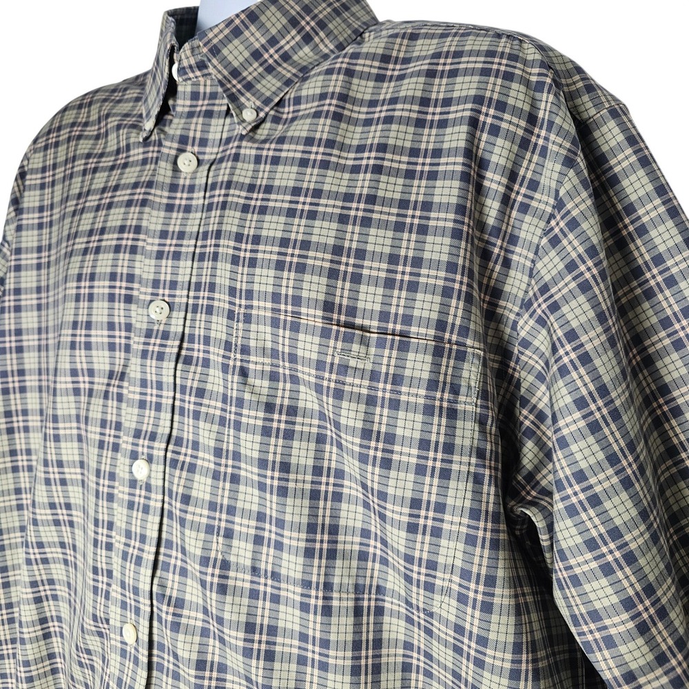 Orvis Mens Wrinkle Free Plaid Button‎ Down Shirt Navy Tan Orange 100% Cotton XL